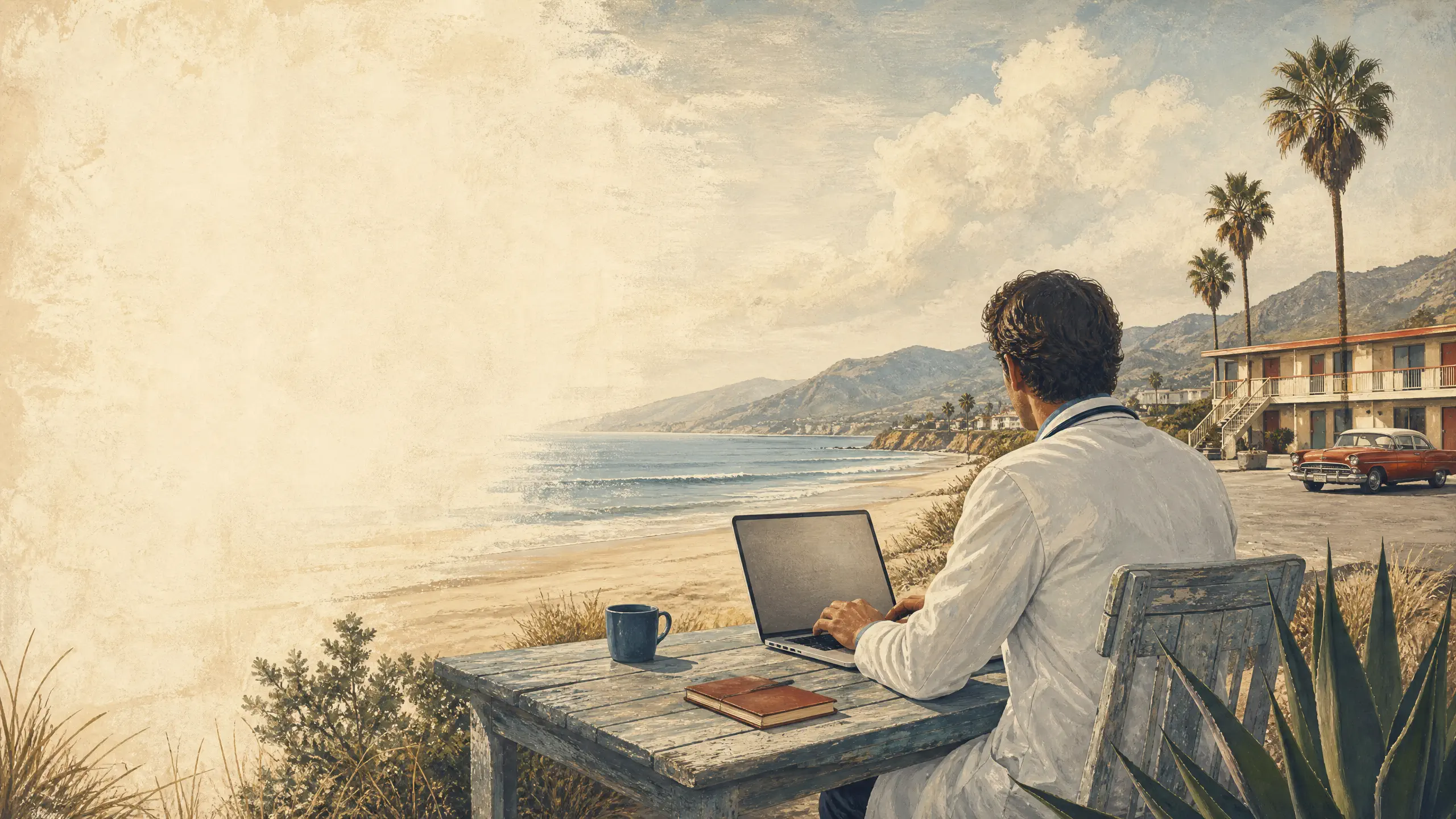 Freiberufler mit Laptop am Strand, Americana-Stil