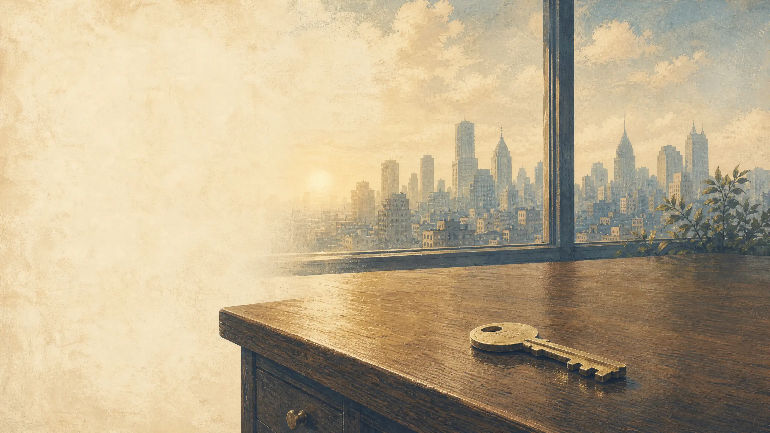 Büroschlüssel auf leerem Schreibtisch vor fremder Skyline, Americana-Stil