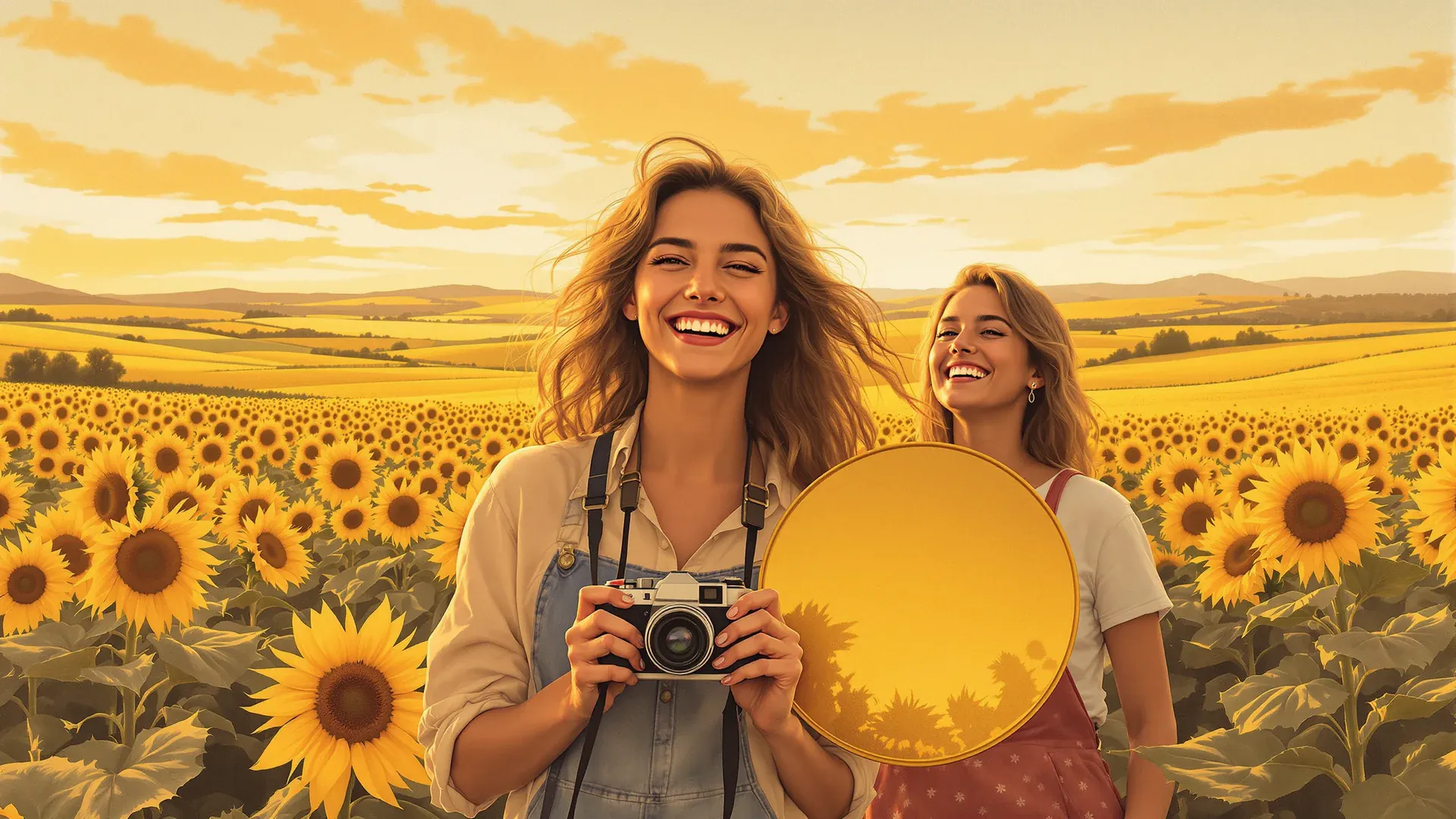 Content Creatorin mit Kamera und eine Freundin mit Reflektor lachen am Sonnenblumenfeld in die Kamera