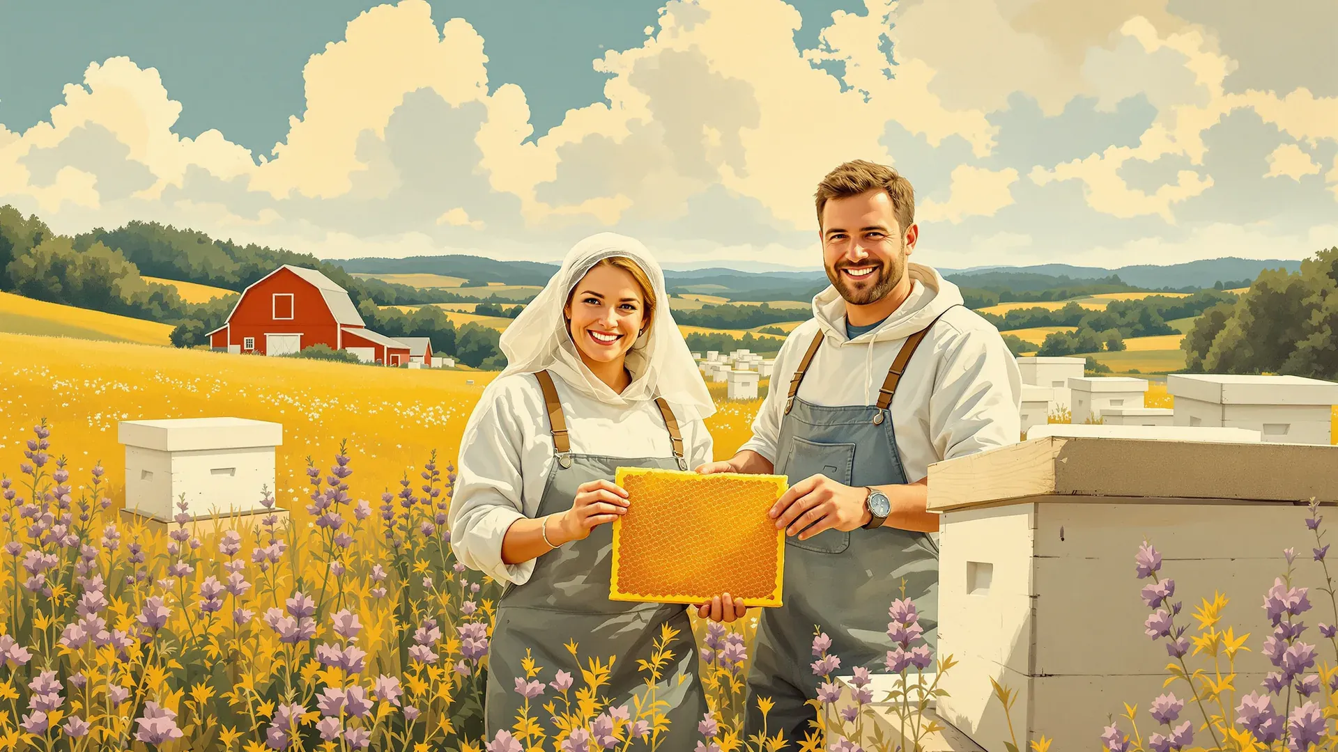 Imkerin und Imker mit einer Honigwabe zwischen Bienenstöcken auf einer Blumenwiese lächeln in die Kamera