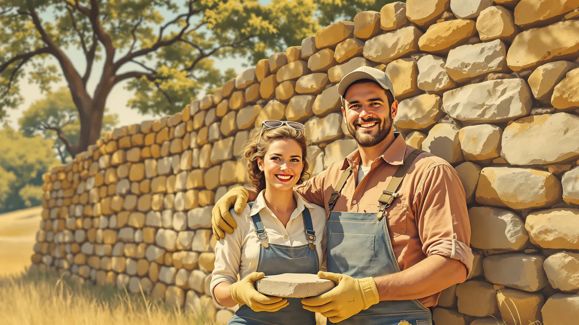Eine Frau und ein Mann mit Arbeitshandschuhen halten vor ihrer ansteigenden Trockensteinmauer im Texas Hill Country einen Stein und lachen in die Kamera