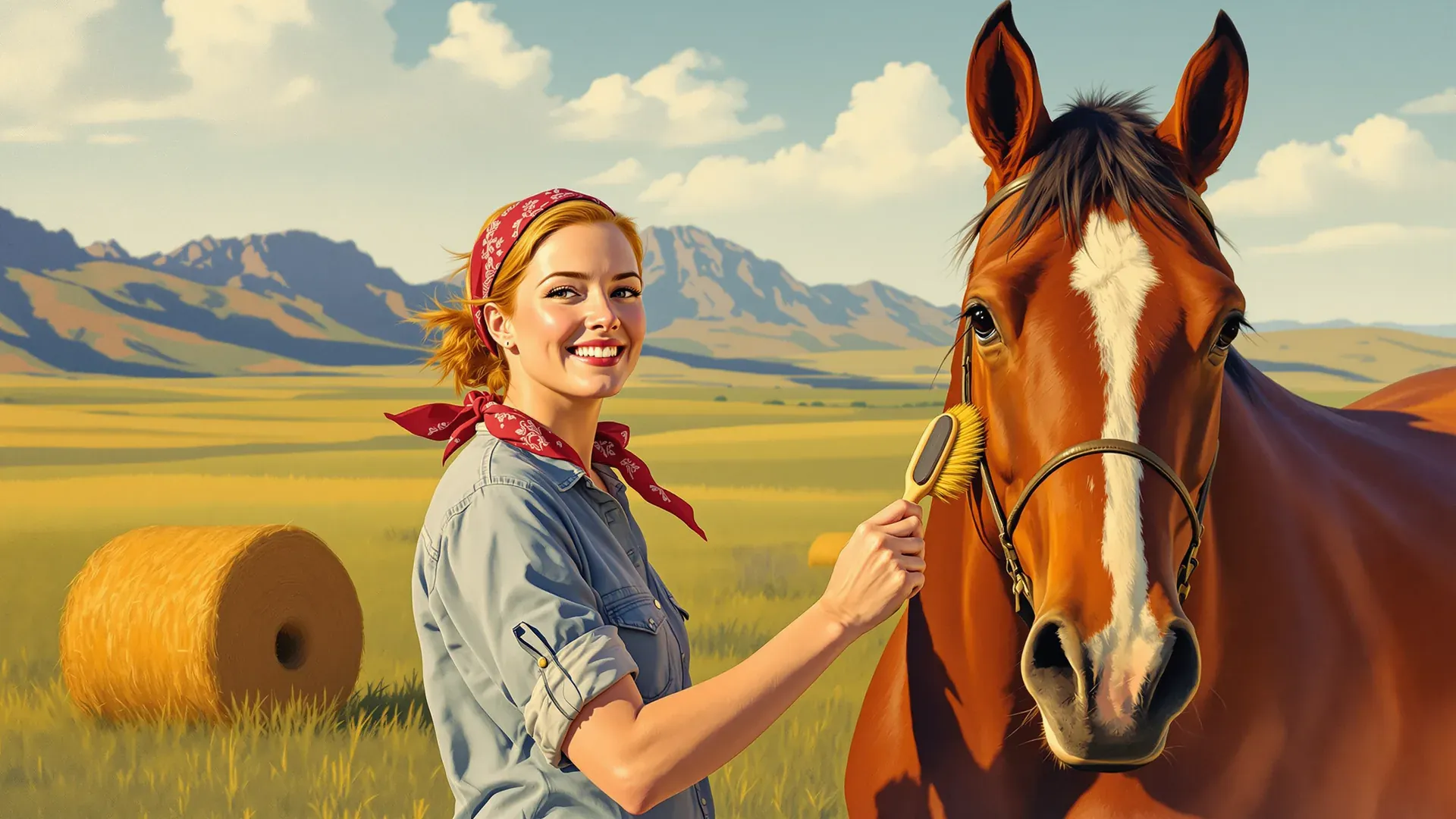Eine Frau mit rotem Halstuch striegelt am Morgen ein gepflegtes Pferd auf einer Wiese in Wyoming und lächelt in die Kamera