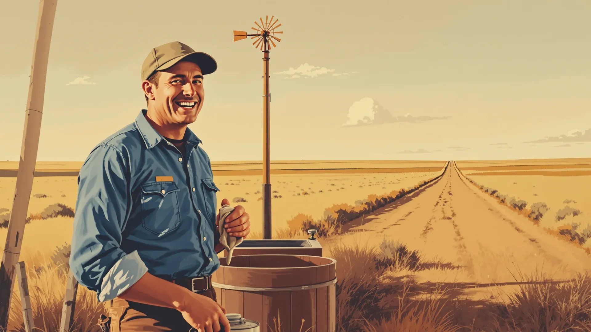 Ein Mann steht am Nachmittag neben einer hölzernen Windmühle auf einer Ranch, wischt sich die Hände an einem Tuch ab und lacht in die Kamera, dahinter eine Landstraße bis zum Horizont