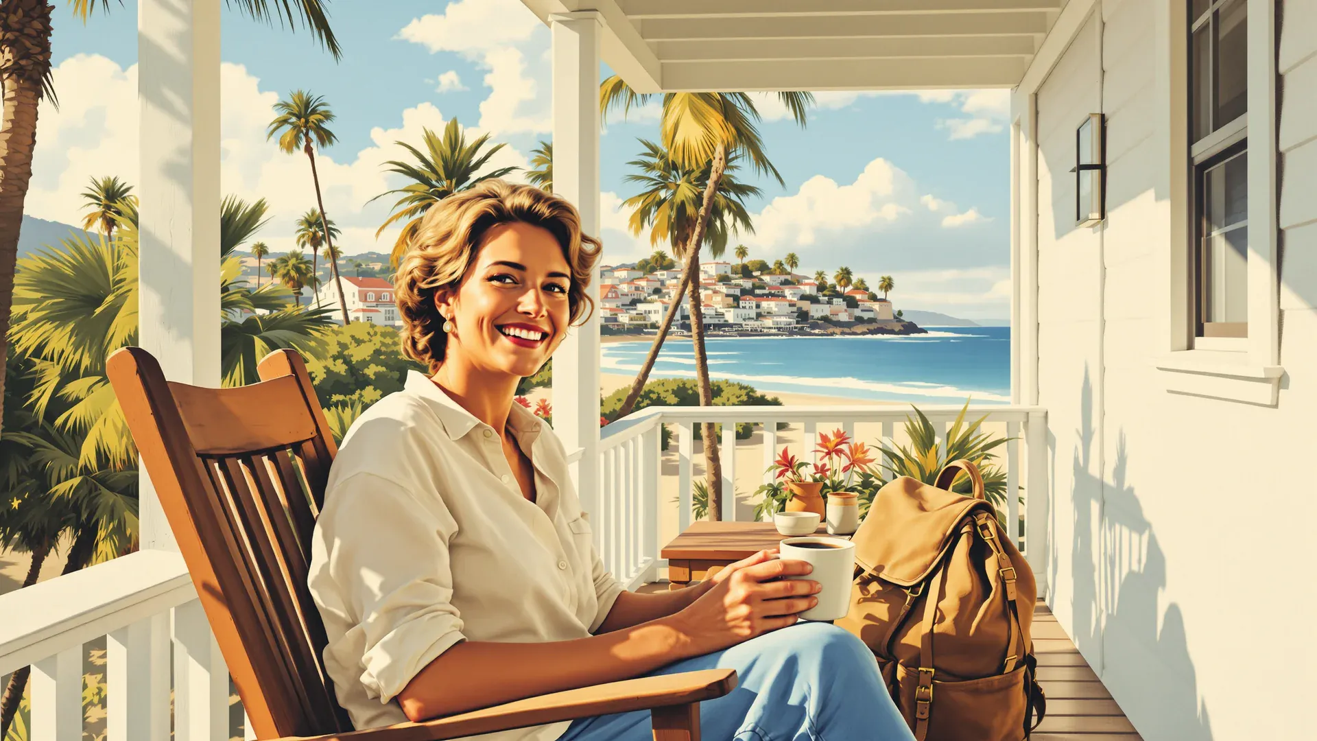 Illustration: Eine Frau sitzt am Morgen mit einer Tasse Kaffee in einem Schaukelstuhl auf der Veranda eines Strandhauses und lacht in die Kamera, dahinter Palmen und das Meer