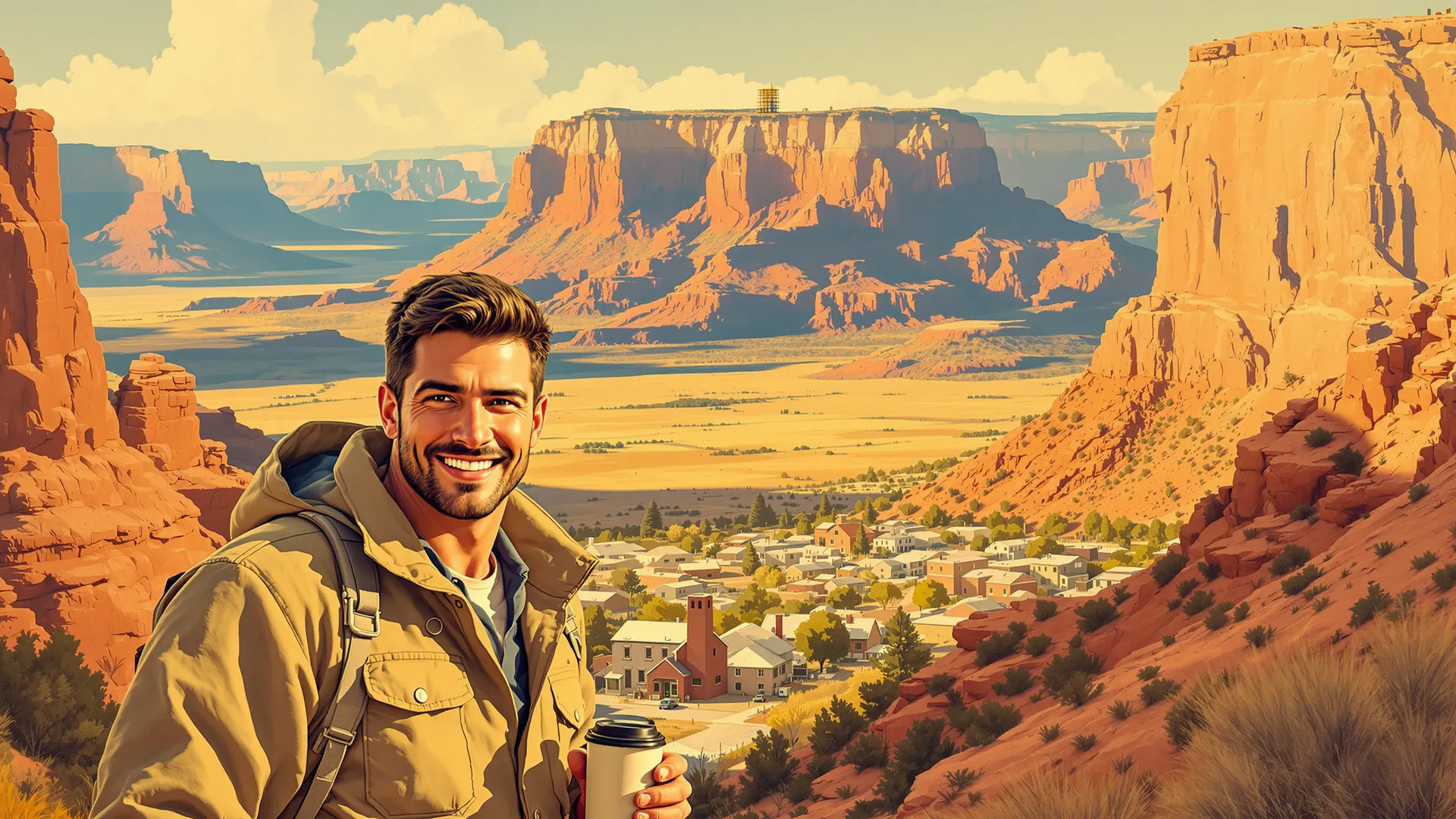 Illustration: Ein Mann steht auf einer Anhöhe über einem Tal mit roten Felsen und Tafelbergen und lächelt in die Kamera, unten im Ort steht ein neuer Backsteinbau
