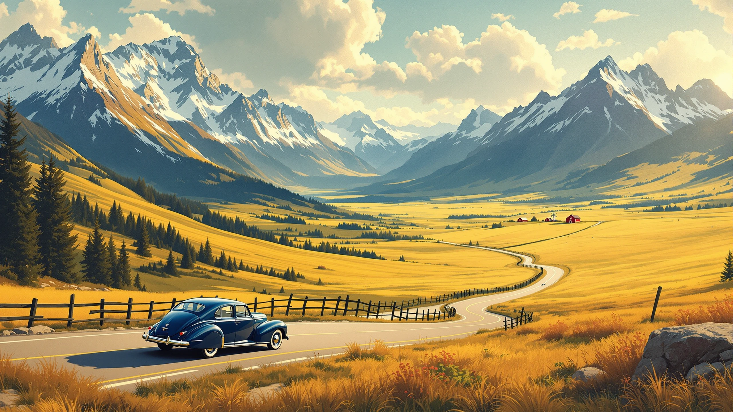 Straße von den österreichischen Alpen in die amerikanische Prärie im Americana-Stil