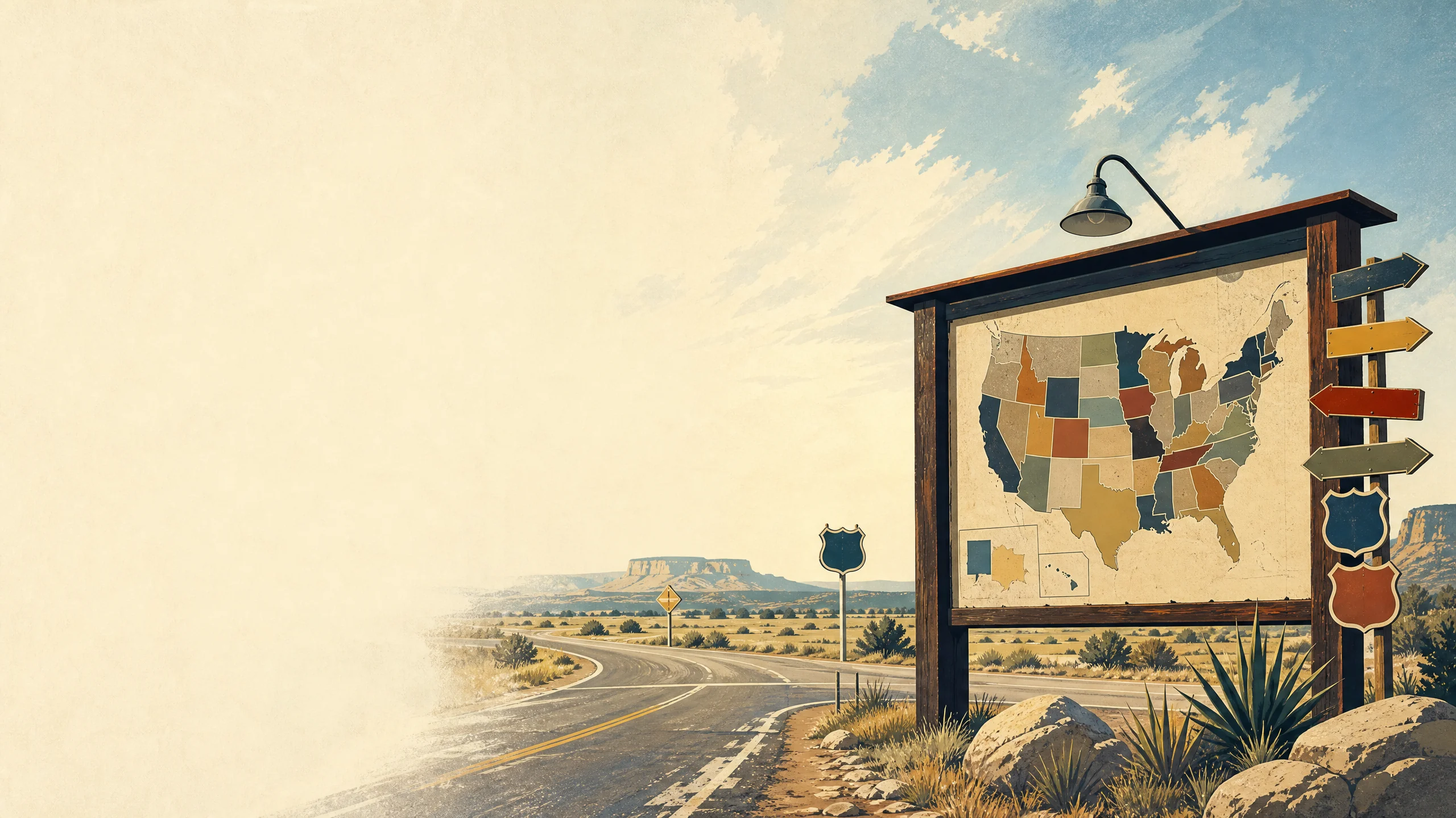 Amerikanisches Route Board an einer weiten Highway-Kreuzung