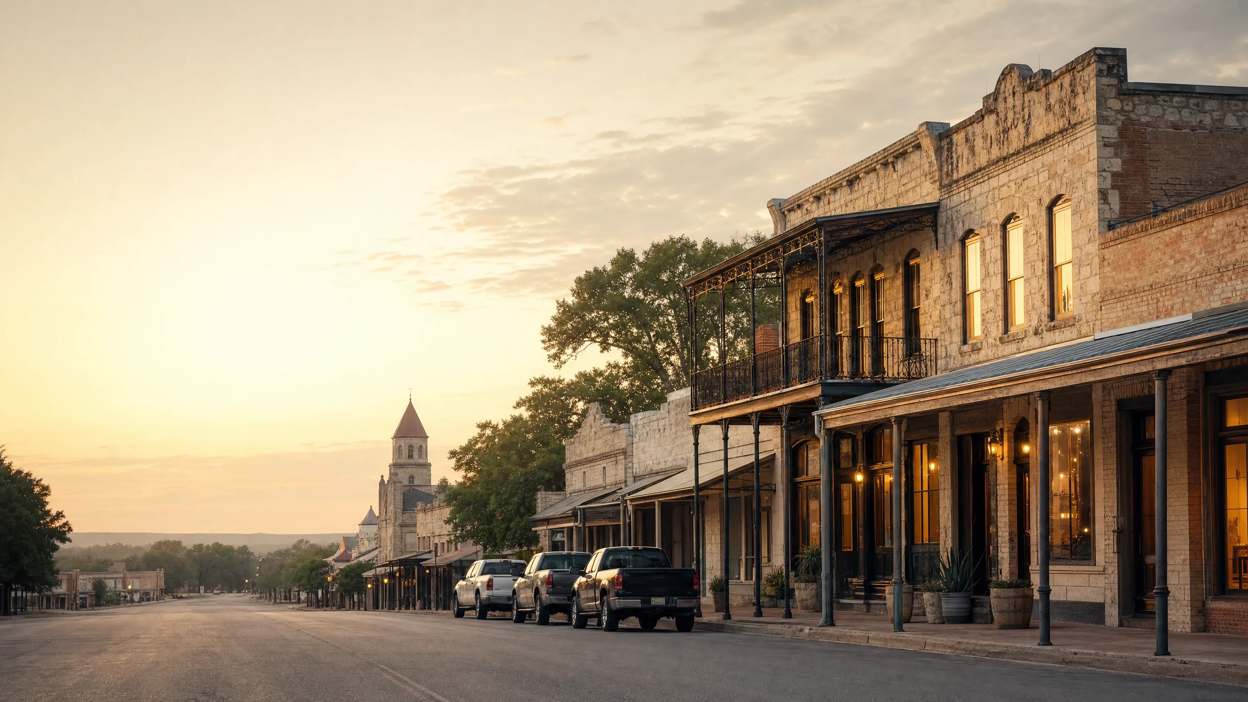 Main Street in Fredericksburg, Texas, mit der Vereinskirche