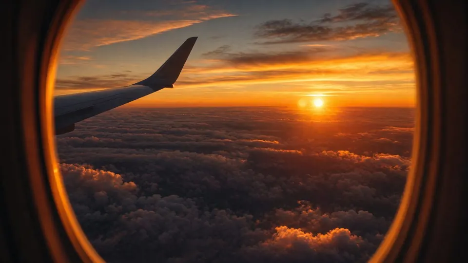 Blick aus dem Flugzeugfenster auf Tragfläche und Wolkendecke im Sonnenuntergang