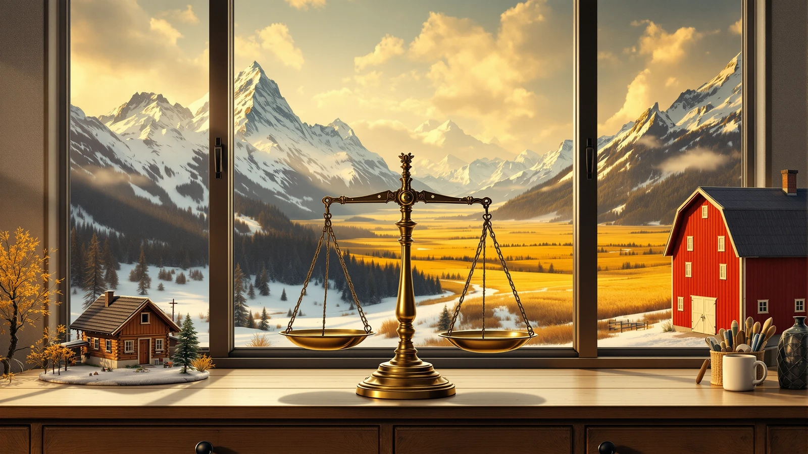 Vintage-Waage mit Alpenchalet und amerikanischer Scheune als Sinnbild für den Typenvergleich