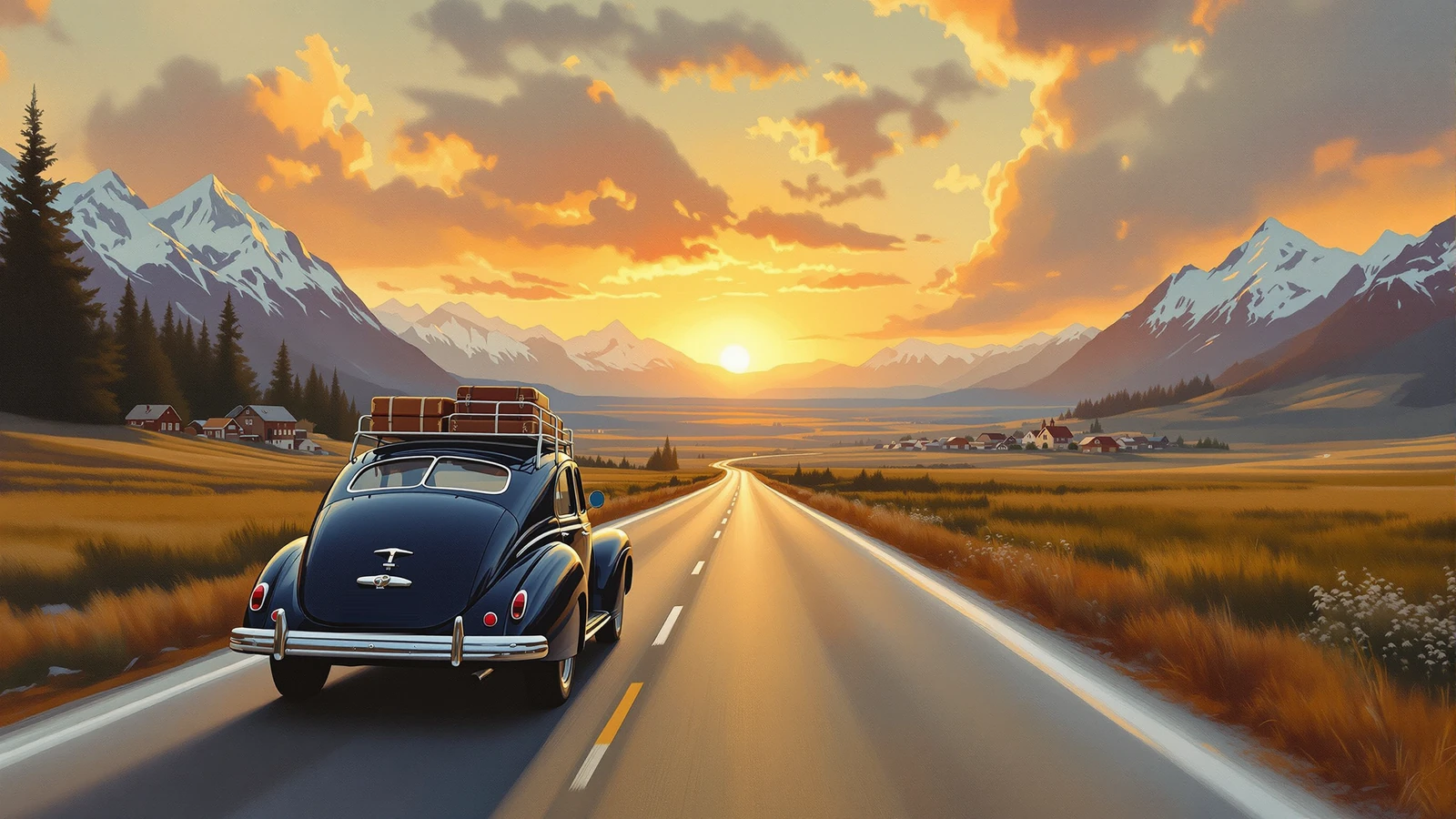 Oldtimer mit Reisekoffern verlässt ein Alpendorf Richtung Sonnenuntergang